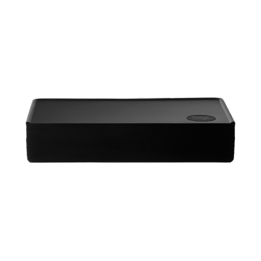 Black rectangular device with a brand logo on a white background